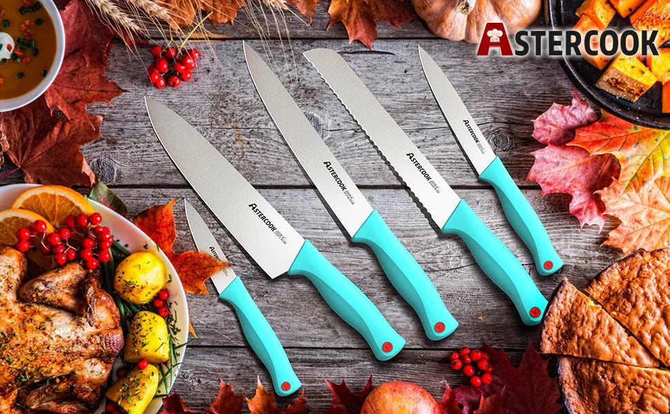 Astercook Knife Set, Astercook 14 Pcs Kitchen Knife Set, Knife Set with Built-in Sharpener Block, Dishwasher Safe, Teal