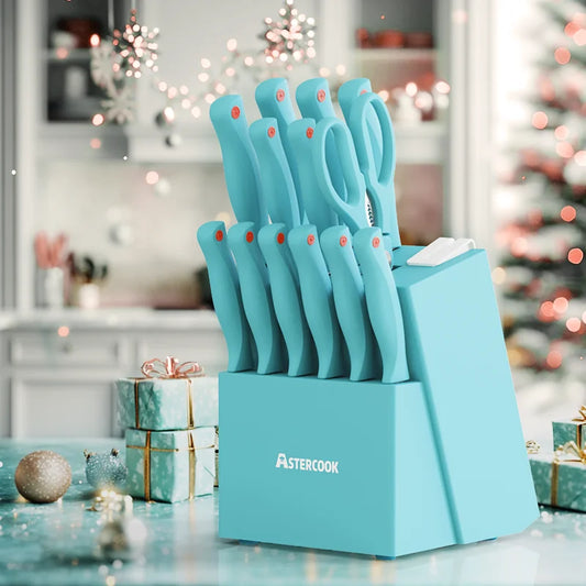 Astercook Knife Set, Astercook 14 Pcs Kitchen Knife Set, Knife Set with Built-in Sharpener Block, Dishwasher Safe, Teal