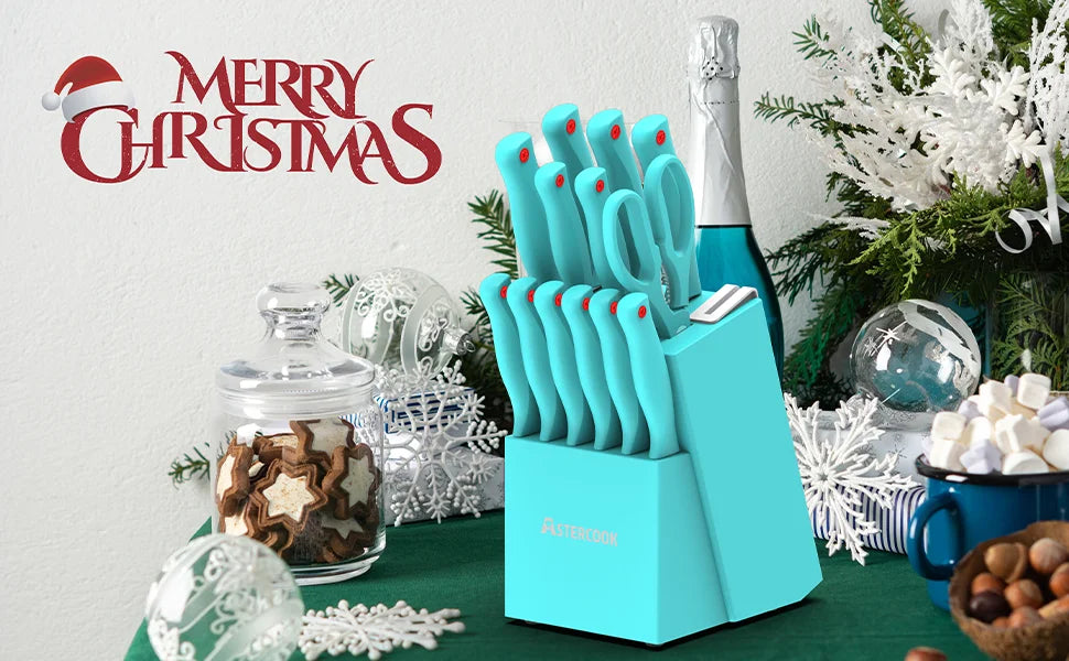 Astercook Knife Set, Astercook 14 Pcs Kitchen Knife Set, Knife Set with Built-in Sharpener Block, Dishwasher Safe, Teal