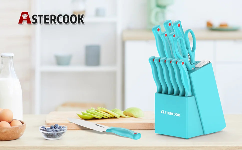 Astercook Knife Set, Astercook 14 Pcs Kitchen Knife Set, Knife Set with Built-in Sharpener Block, Dishwasher Safe, Teal