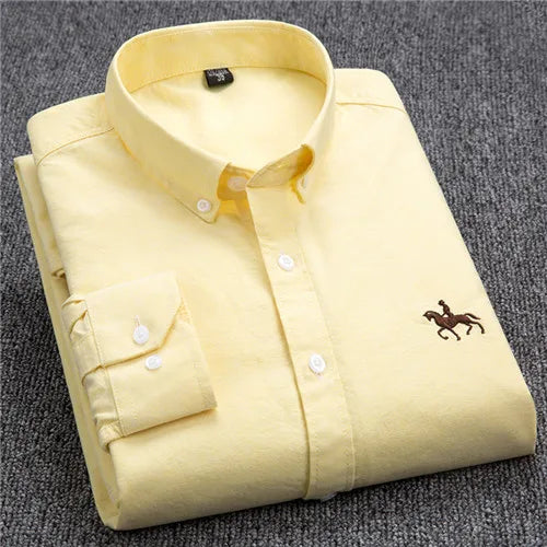 Cotton Oxford Shirt For Mens Long Sleeve Plaid Striped Casual Shirts Male Pocket Regular-Fit Button-Down Work Man Shirt