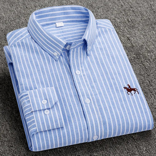 Cotton Oxford Shirt For Mens Long Sleeve Plaid Striped Casual Shirts Male Pocket Regular-Fit Button-Down Work Man Shirt