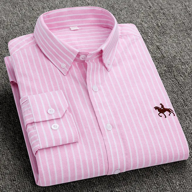 Cotton Oxford Shirt For Mens Long Sleeve Plaid Striped Casual Shirts Male Pocket Regular-Fit Button-Down Work Man Shirt