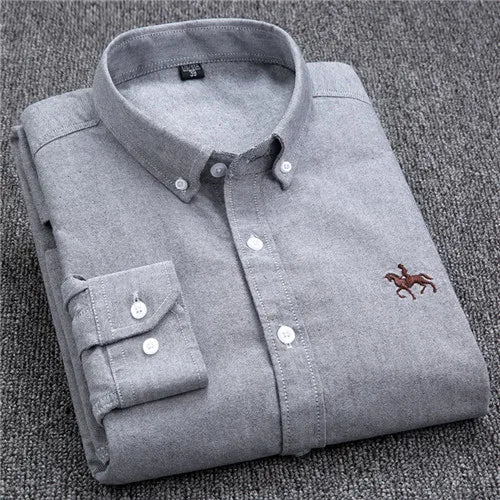 Cotton Oxford Shirt For Mens Long Sleeve Plaid Striped Casual Shirts Male Pocket Regular-Fit Button-Down Work Man Shirt