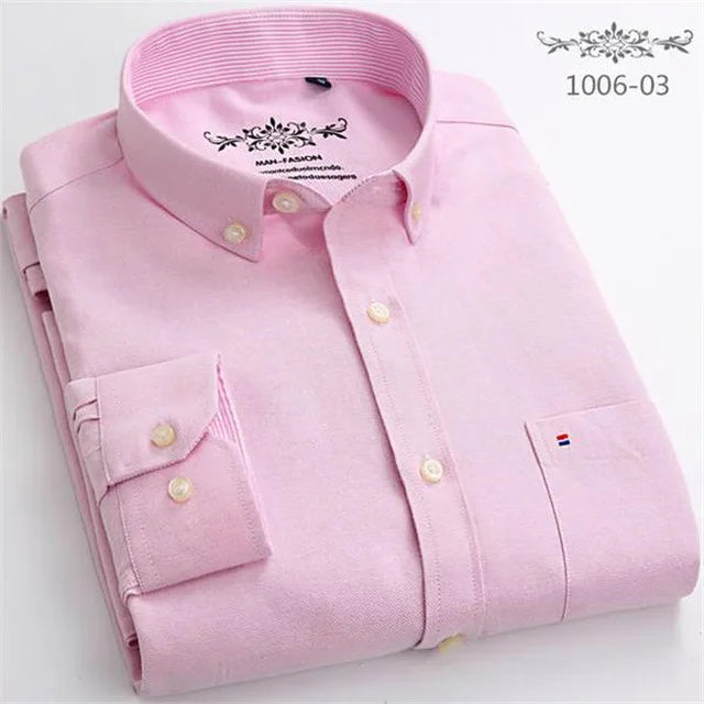 Cotton Oxford Shirt For Mens Long Sleeve Plaid Striped Casual Shirts Male Pocket Regular-Fit Button-Down Work Man Shirt