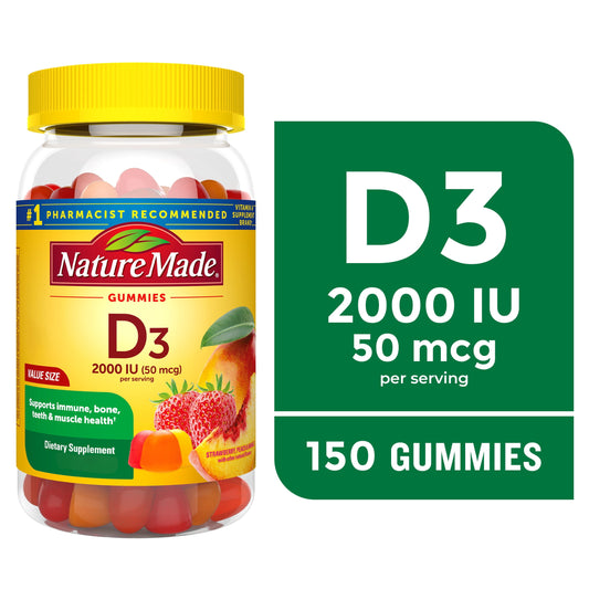 Nature Made Vitamin D3 2000 IU (50 mcg) Per Serving Gummies, Dietary Supplement for Bone and Immune Health Support, 150 Count