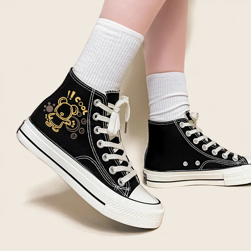 Amy and Michael Cute Anime Bear Graffiti Canvas Shoes High Top Casual Black Sneakers for Girls Students Woman Vulcanize Shoes