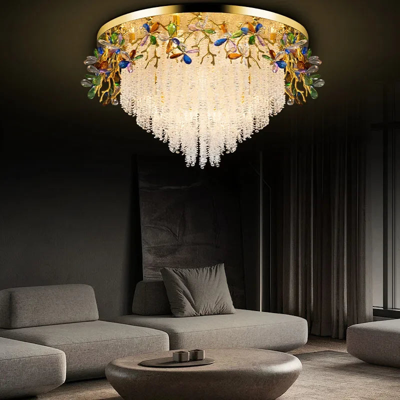 Round Gold K9 Crystal Ceiling Chandelier For Bedroom Living Dining Room Kitchen Table Modern Crystal Branch Pendant Chandelier