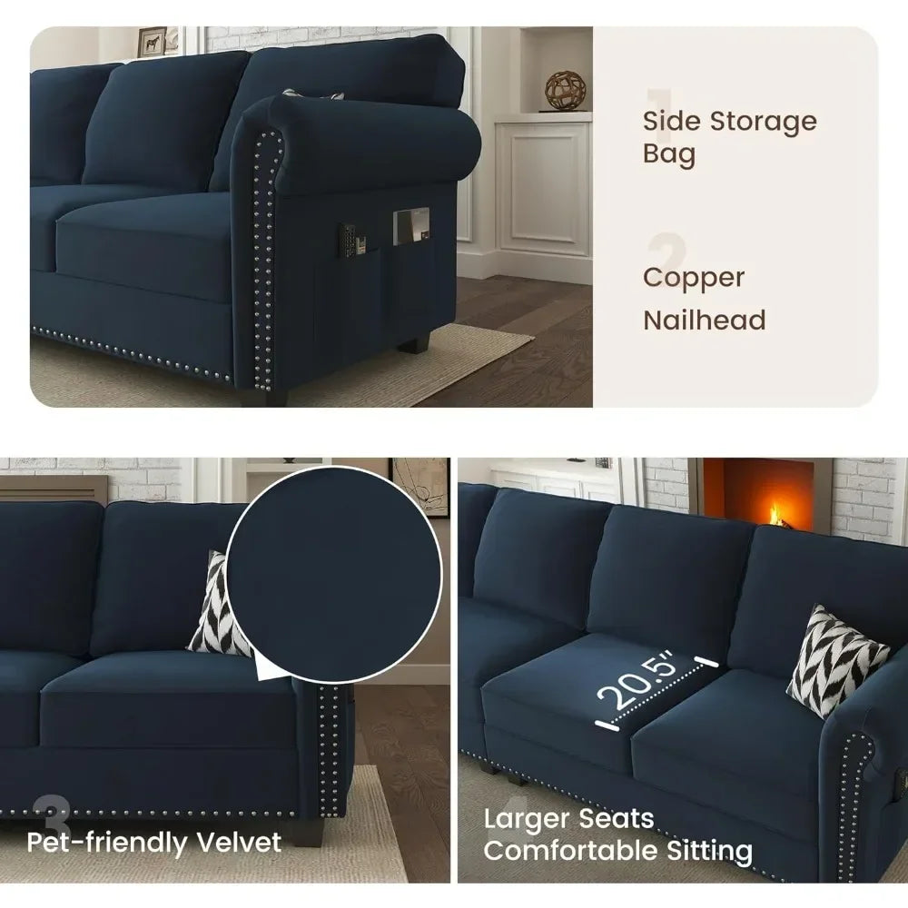 Living Room Sofa, L Shaped Velvet Sectional Couch with Reversible Chaise, Convertible 4 Seat Couch for Small Space, Dark Blue