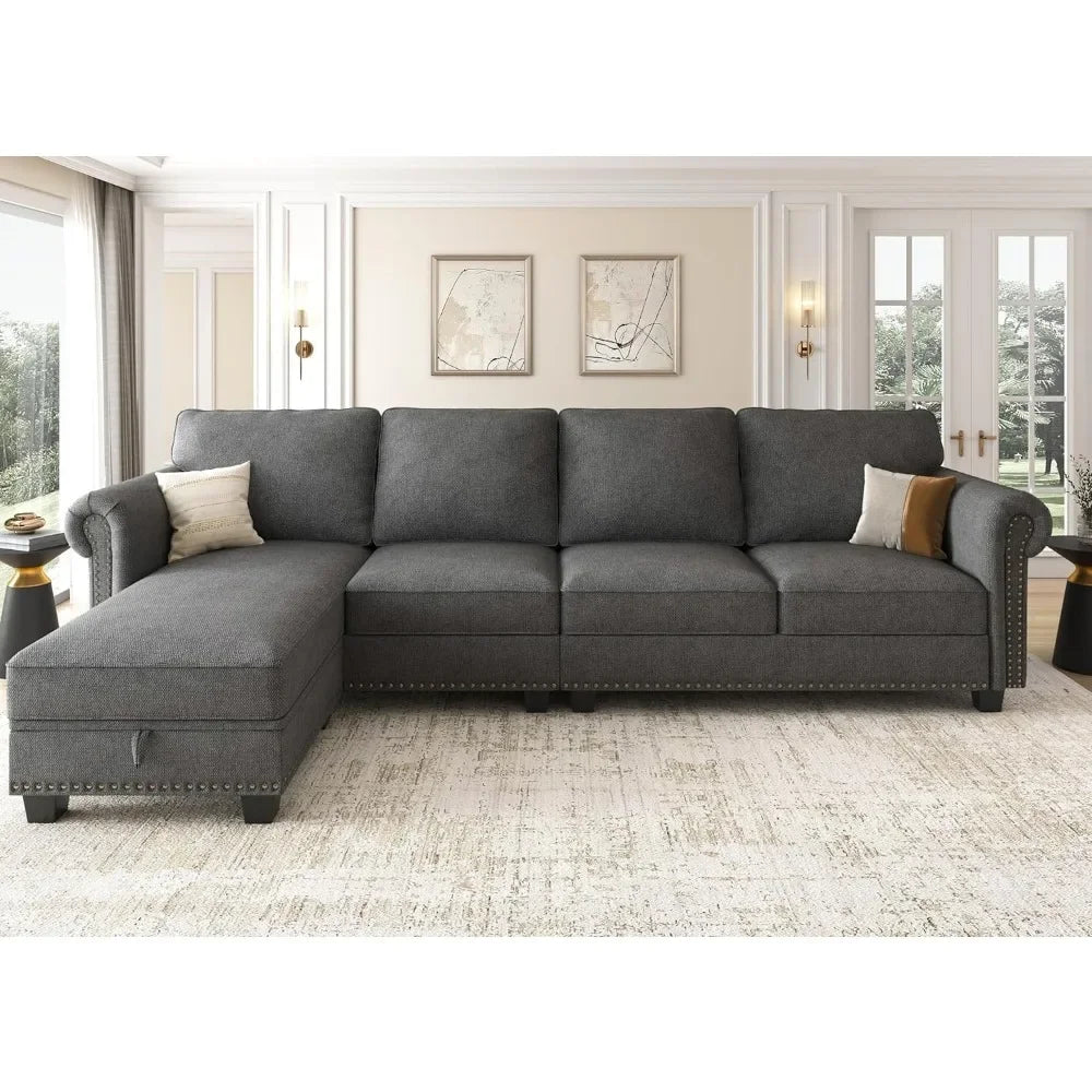 Living Room Sofa, L Shaped Velvet Sectional Couch with Reversible Chaise, Convertible 4 Seat Couch for Small Space, Dark Blue