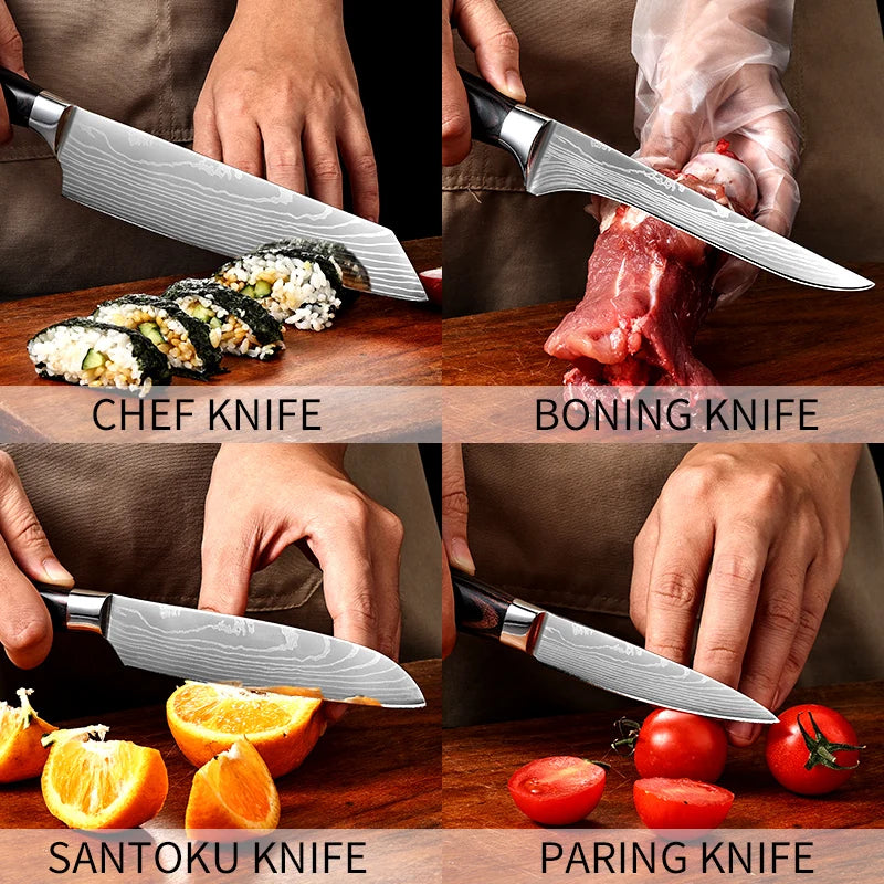 PLYS 3/5/7pcs  Damascus Laser Pattern Chef's Knife Fruit Knife Stainless Steel Knife Set Japanese Santoku Knife Chef's Knife