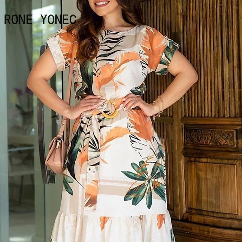 Women Tropical Print Short Sleeve Maxi Dress Casual Dress Vacation Dresses for women