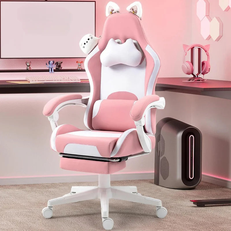 Ergonomic Computer Chair for Girl with Footrest and Headrest, Comfortable Reclining Game Chair 290lbs for Adult, Teen, Pink