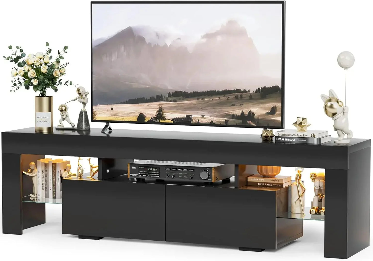 Modern LED TV Stand for Televisions up to 70Inch w Glass Shelves Drawer,Gaming Entertainment Center w Multiple Dynamic RGB Modes