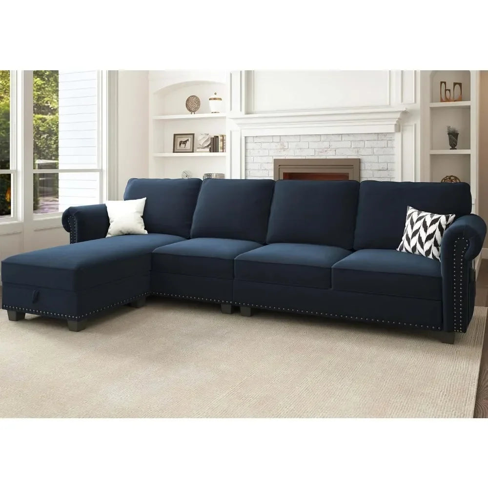 Living Room Sofa, L Shaped Velvet Sectional Couch with Reversible Chaise, Convertible 4 Seat Couch for Small Space, Dark Blue