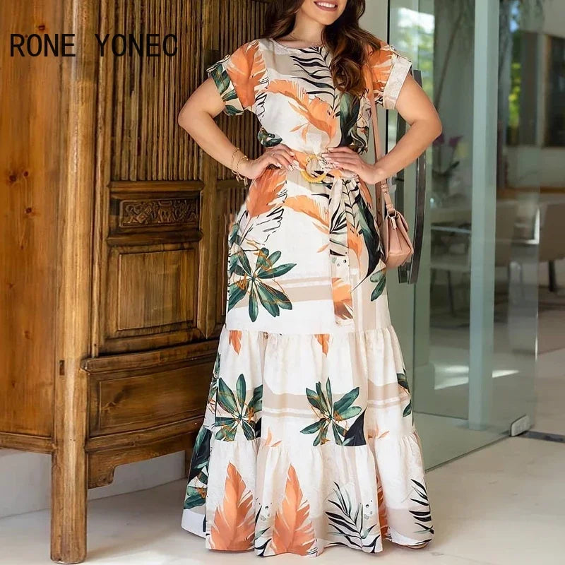 Women Tropical Print Short Sleeve Maxi Dress Casual Dress Vacation Dresses for women