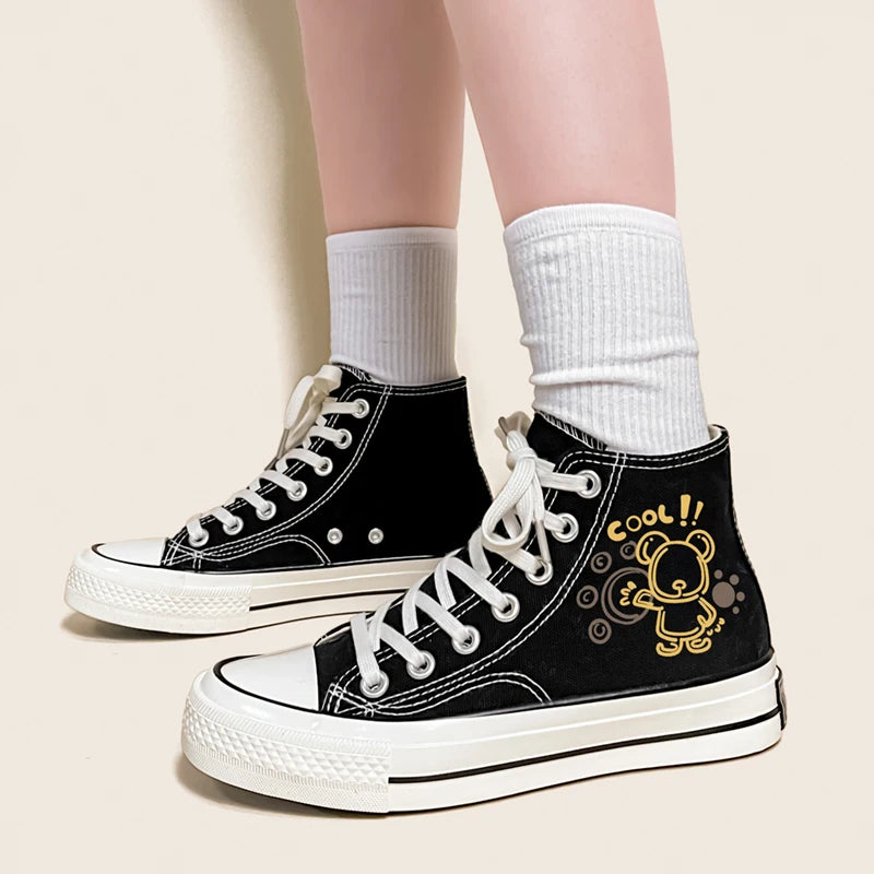 Amy and Michael Cute Anime Bear Graffiti Canvas Shoes High Top Casual Black Sneakers for Girls Students Woman Vulcanize Shoes