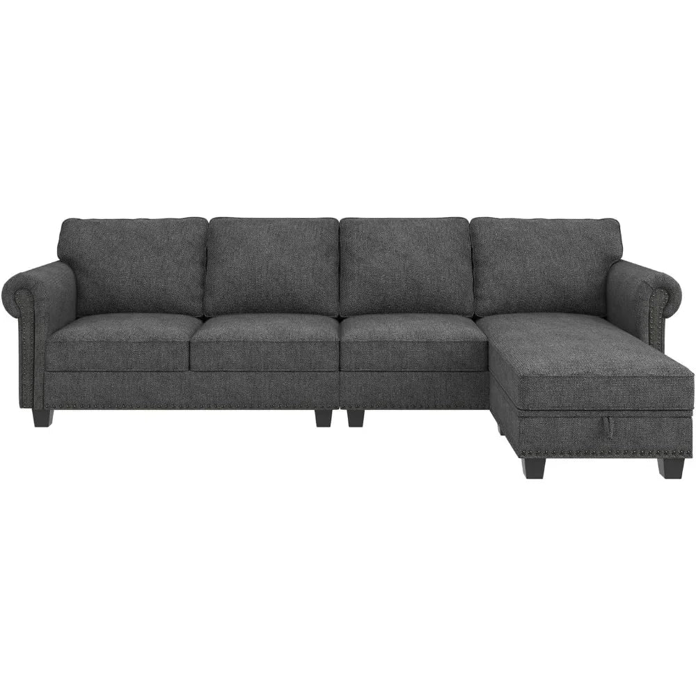 Living Room Sofa, L Shaped Velvet Sectional Couch with Reversible Chaise, Convertible 4 Seat Couch for Small Space, Dark Blue