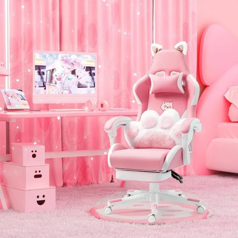 Pink Gaming Chair With Cat Paw Lumbar Cushion and Cat Ears Computer Armchair Reclining PC Game Chair for Girl Kids Teen Gamer