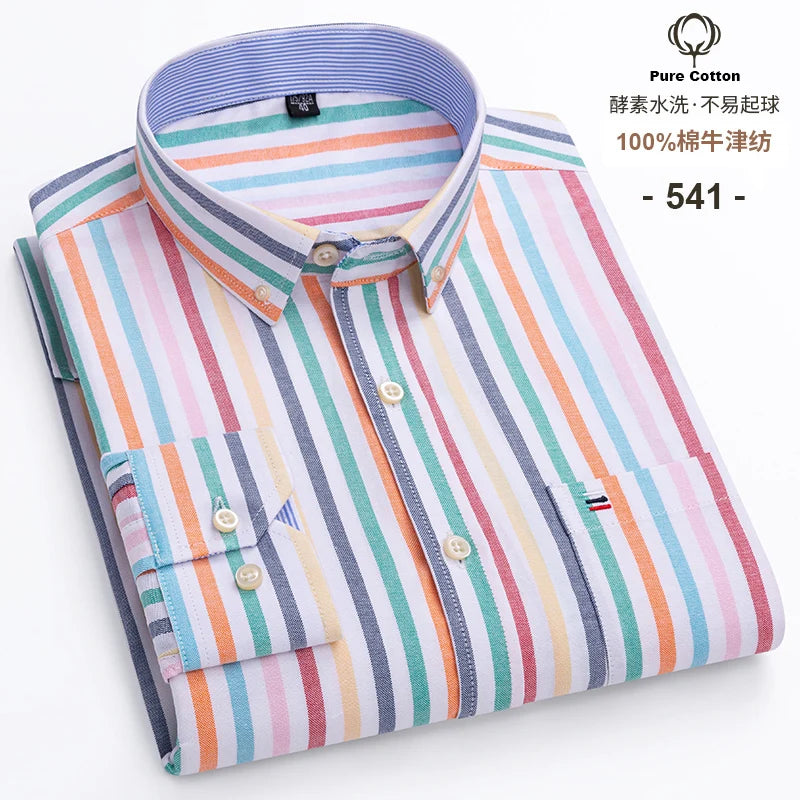 Cotton Oxford Shirt For Mens Long Sleeve Plaid Striped Casual Shirts Male Pocket Regular-Fit Button-Down Work Man Shirt