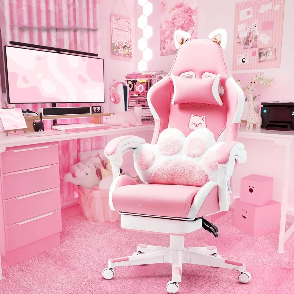 Pink Gaming Chair With Cat Paw Lumbar Cushion and Cat Ears Computer Armchair Reclining PC Game Chair for Girl Kids Teen Gamer