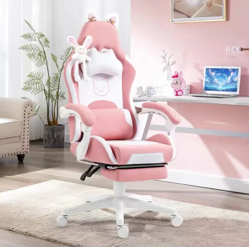 Pink Gaming Chair With Cat Paw Lumbar Cushion and Cat Ears Computer Armchair Reclining PC Game Chair for Girl Kids Teen Gamer