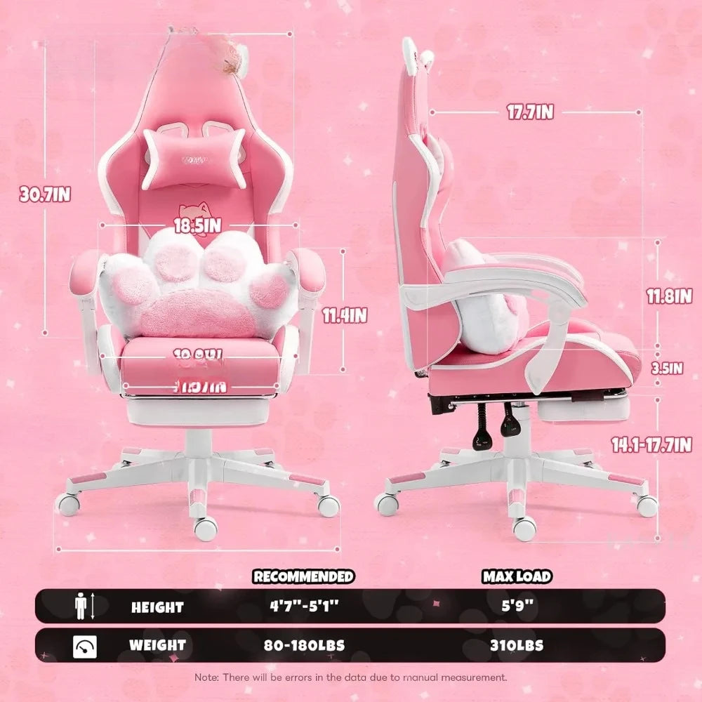 Pink Gaming Chair With Cat Paw Lumbar Cushion and Cat Ears Computer Armchair Reclining PC Game Chair for Girl Kids Teen Gamer