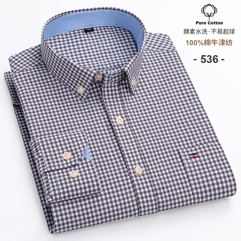 Cotton Oxford Shirt For Mens Long Sleeve Plaid Striped Casual Shirts Male Pocket Regular-Fit Button-Down Work Man Shirt