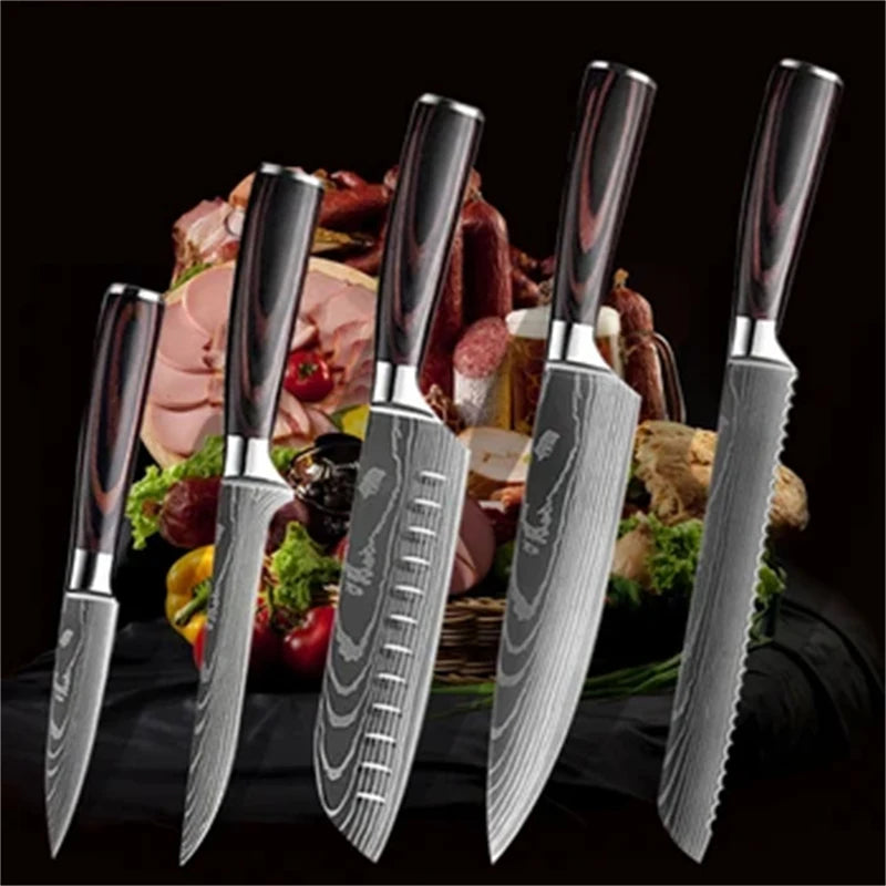 PLYS 3/5/7pcs  Damascus Laser Pattern Chef's Knife Fruit Knife Stainless Steel Knife Set Japanese Santoku Knife Chef's Knife