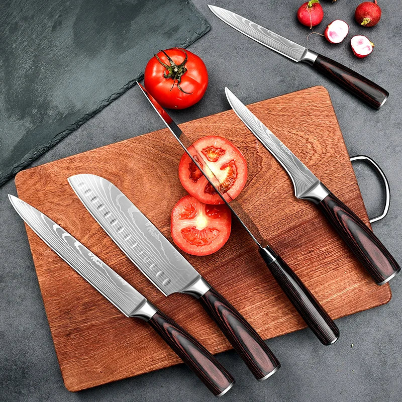 PLYS 3/5/7pcs  Damascus Laser Pattern Chef's Knife Fruit Knife Stainless Steel Knife Set Japanese Santoku Knife Chef's Knife