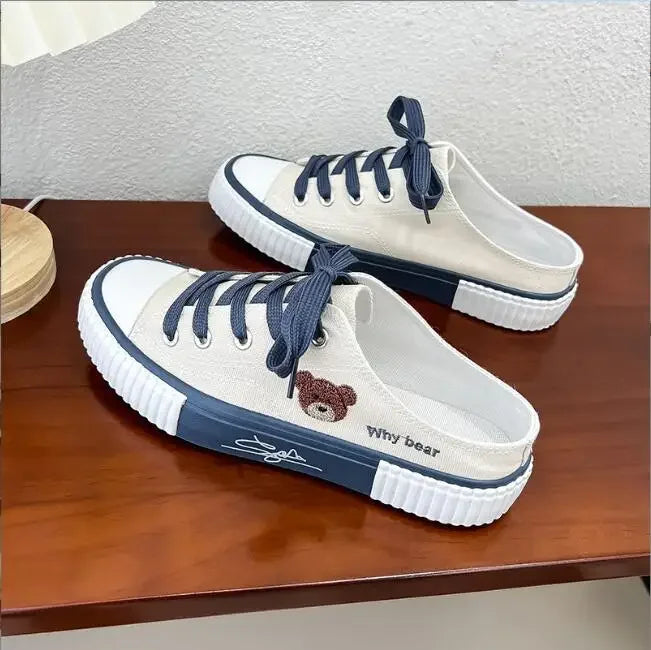 2024 New Summer Bear Canvas Shoes Women Korean Breathable Casual Sport  Fashion Lace Up Flat Tennis Sneakers Female Vulcanized