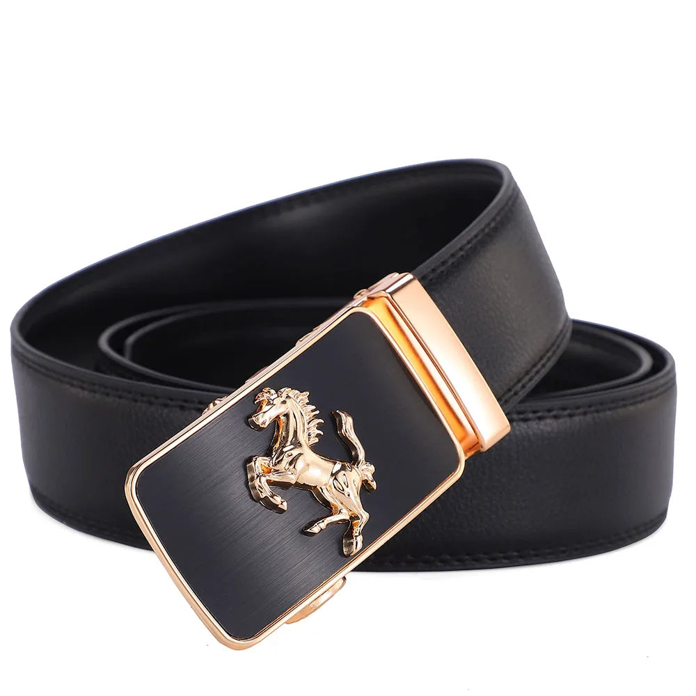 Men Genuine Leather Belts Brand Luxury Horse High Quality Business Work Automatic Buckle Belts for Men Gold Silver Male Belt Men