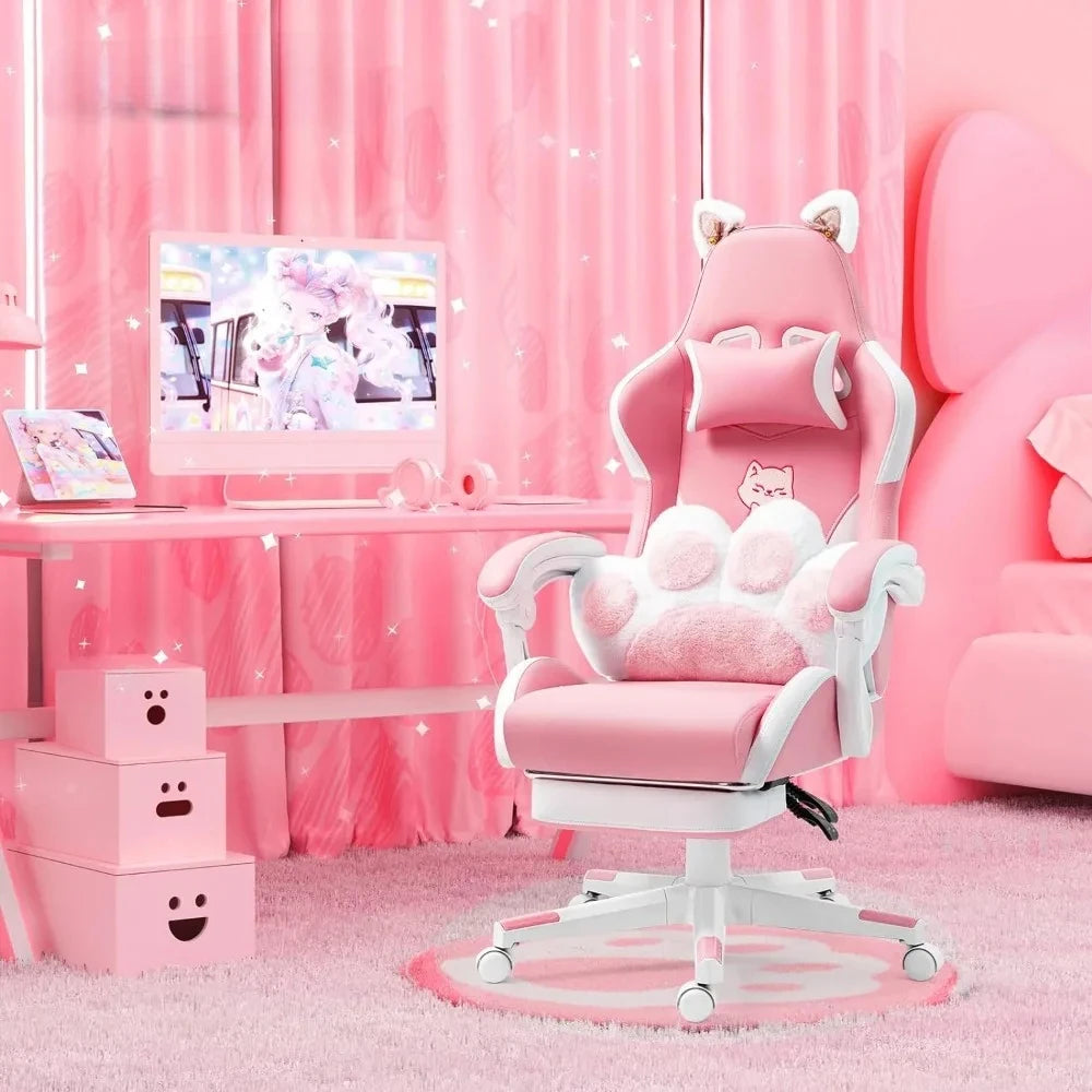 Pink Gaming Chair With Cat Paw Lumbar Cushion and Cat Ears Computer Armchair Reclining PC Game Chair for Girl Kids Teen Gamer