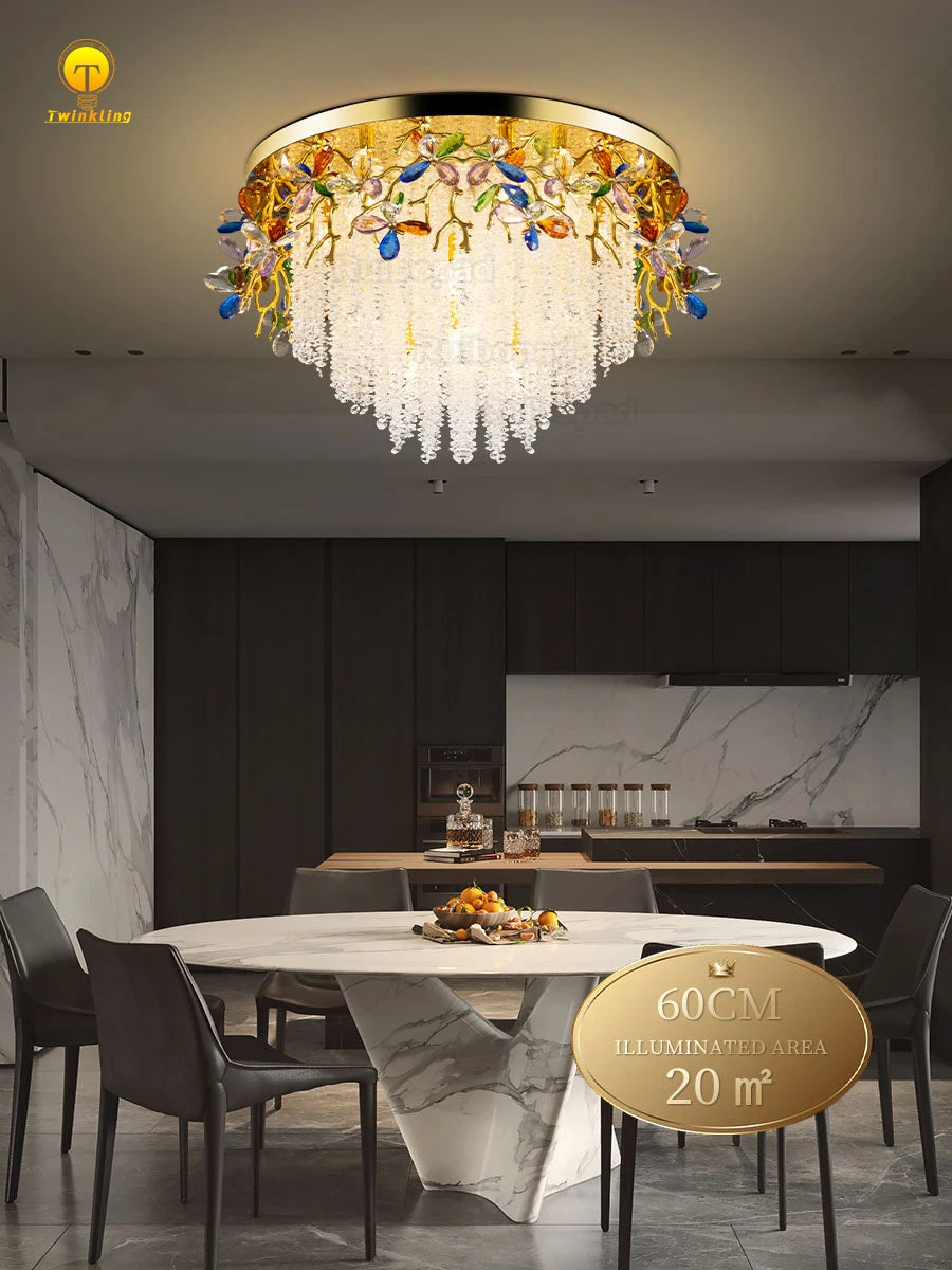 Round Gold K9 Crystal Ceiling Chandelier For Bedroom Living Dining Room Kitchen Table Modern Crystal Branch Pendant Chandelier