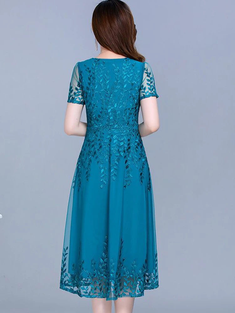 Blue Casual Chiffon Mesh Korean Long Dress Summer Tunics Midi Fashion Elegant Prom Evening women Dresse Short Sleeve