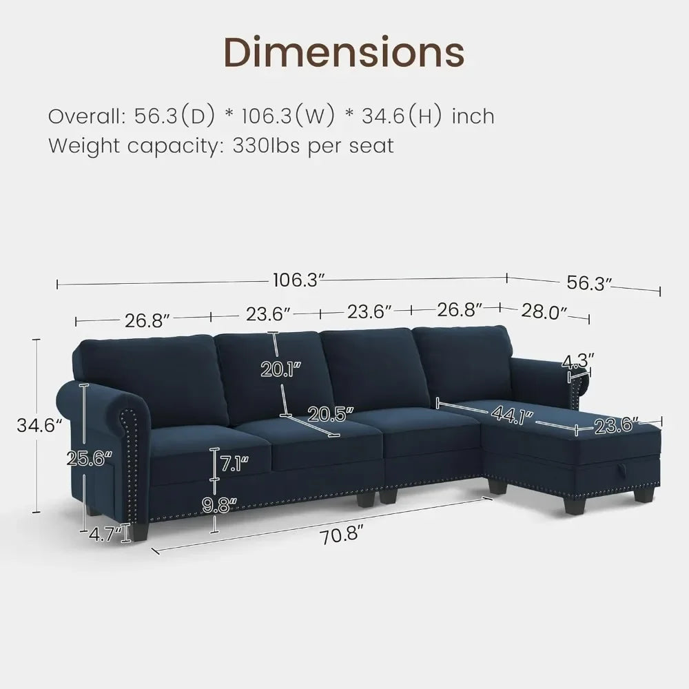 Living Room Sofa, L Shaped Velvet Sectional Couch with Reversible Chaise, Convertible 4 Seat Couch for Small Space, Dark Blue