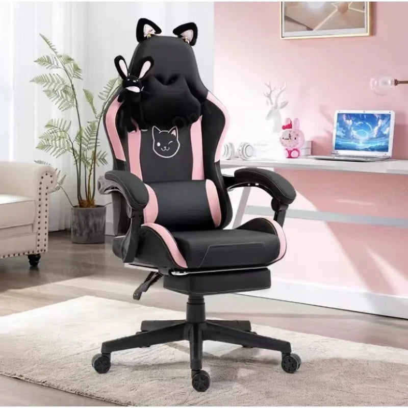 Pink Gaming Chair With Cat Paw Lumbar Cushion and Cat Ears Computer Armchair Reclining PC Game Chair for Girl Kids Teen Gamer