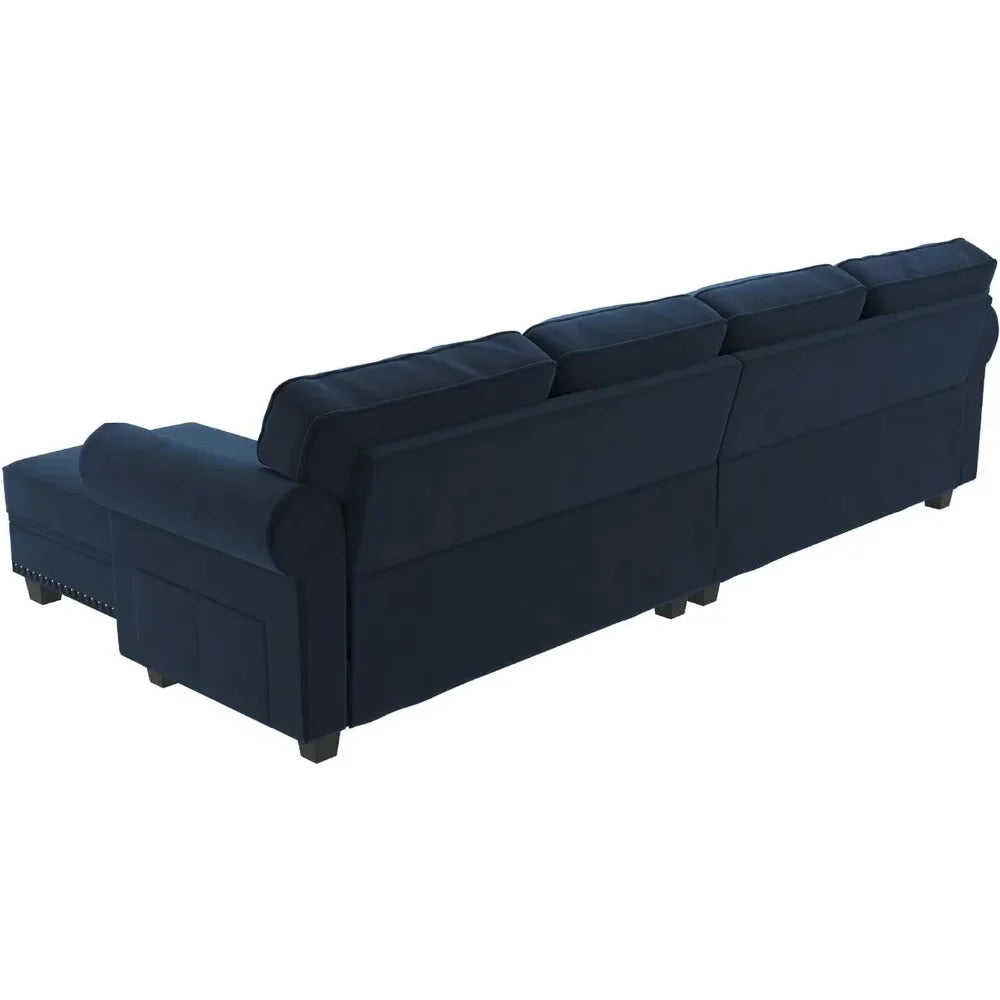 Living Room Sofa, L Shaped Velvet Sectional Couch with Reversible Chaise, Convertible 4 Seat Couch for Small Space, Dark Blue