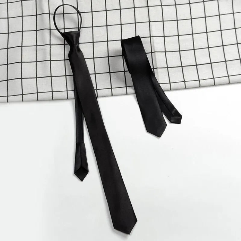 Women Black Zipper Ties Retro Silky Narrow men Neck Tie Slim Smooth Bow Tie Korean Style Simple Elegant All-match Trendy Tie