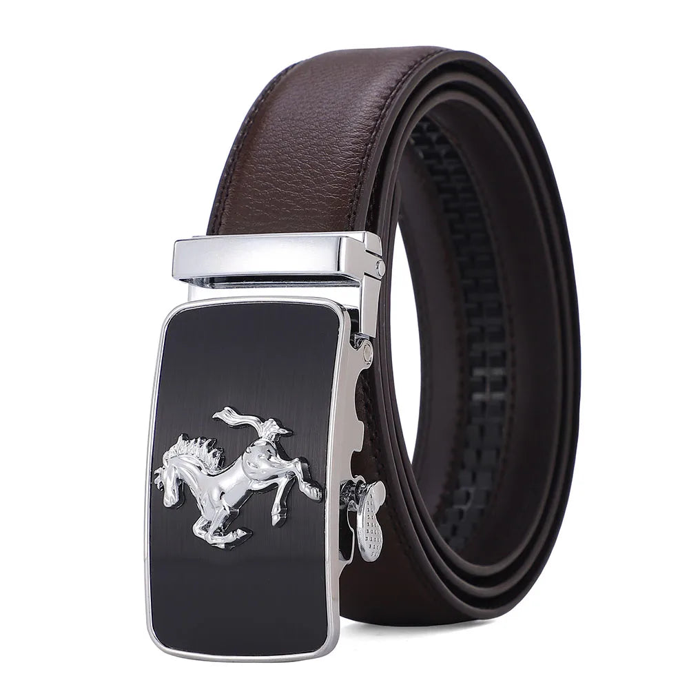 Men Genuine Leather Belts Brand Luxury Horse High Quality Business Work Automatic Buckle Belts for Men Gold Silver Male Belt Men