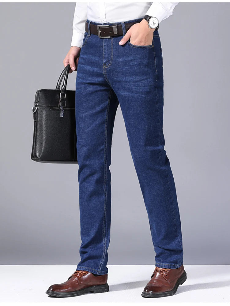 New Men Light Luxury Stretch Slim Fit Pants Comfortable Soft Business Fashion Straight Casual Denim Trousers Male Brand Clothing