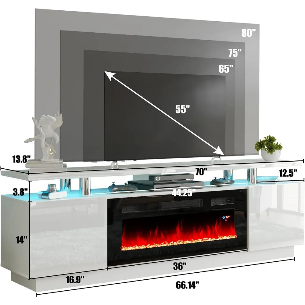 TV Stand with 36" Fireplace, 70" Modern High Gloss Fireplace Entertainment Center LED Lights, 2 Tier TV Console Cabinet