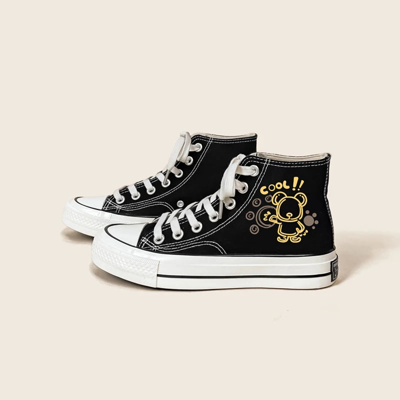 Amy and Michael Cute Anime Bear Graffiti Canvas Shoes High Top Casual Black Sneakers for Girls Students Woman Vulcanize Shoes