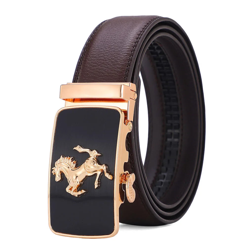 Men Genuine Leather Belts Brand Luxury Horse High Quality Business Work Automatic Buckle Belts for Men Gold Silver Male Belt Men