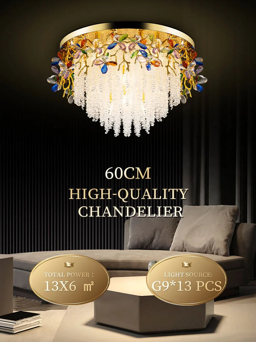 Round Gold K9 Crystal Ceiling Chandelier For Bedroom Living Dining Room Kitchen Table Modern Crystal Branch Pendant Chandelier