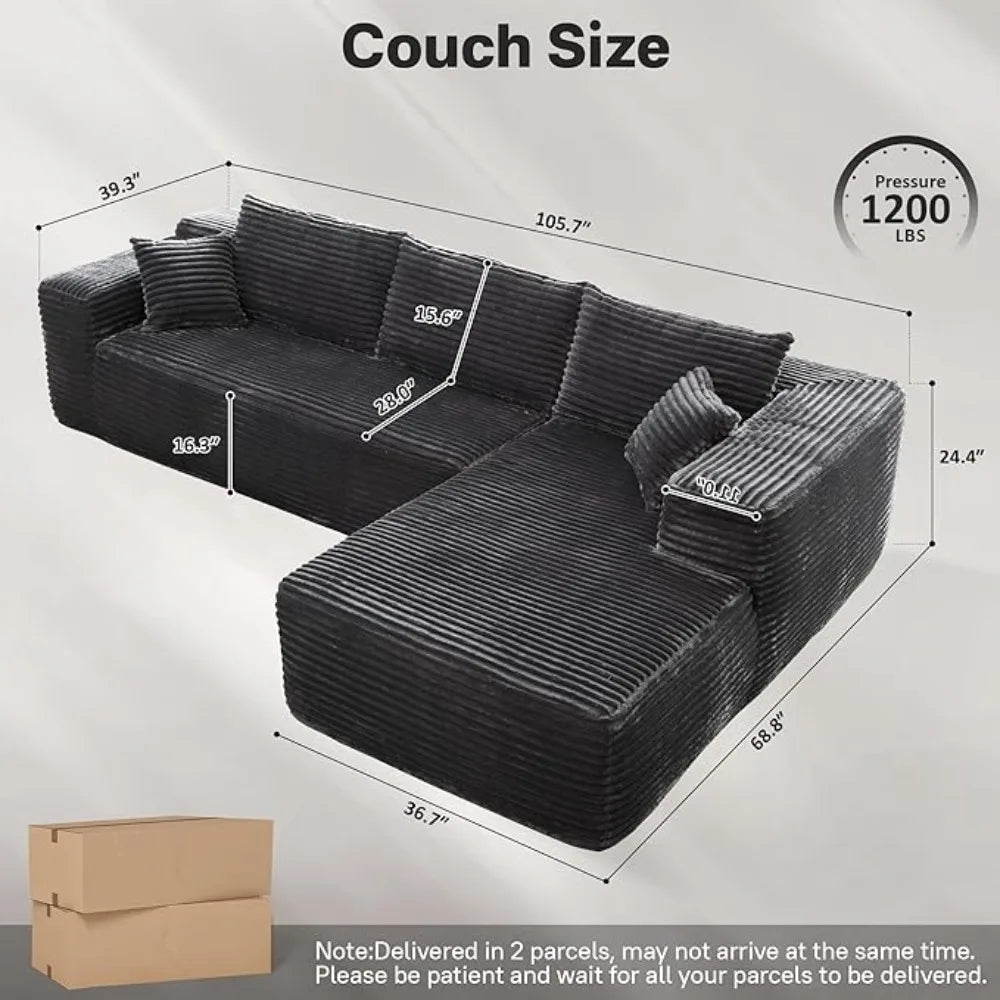 104" Cloudy Sectional L Shaped Couch,Modular Comfy Sofa with Deep Seat & Sleeper Chaise,Grey Plush Corduroy Living Room Sofas.