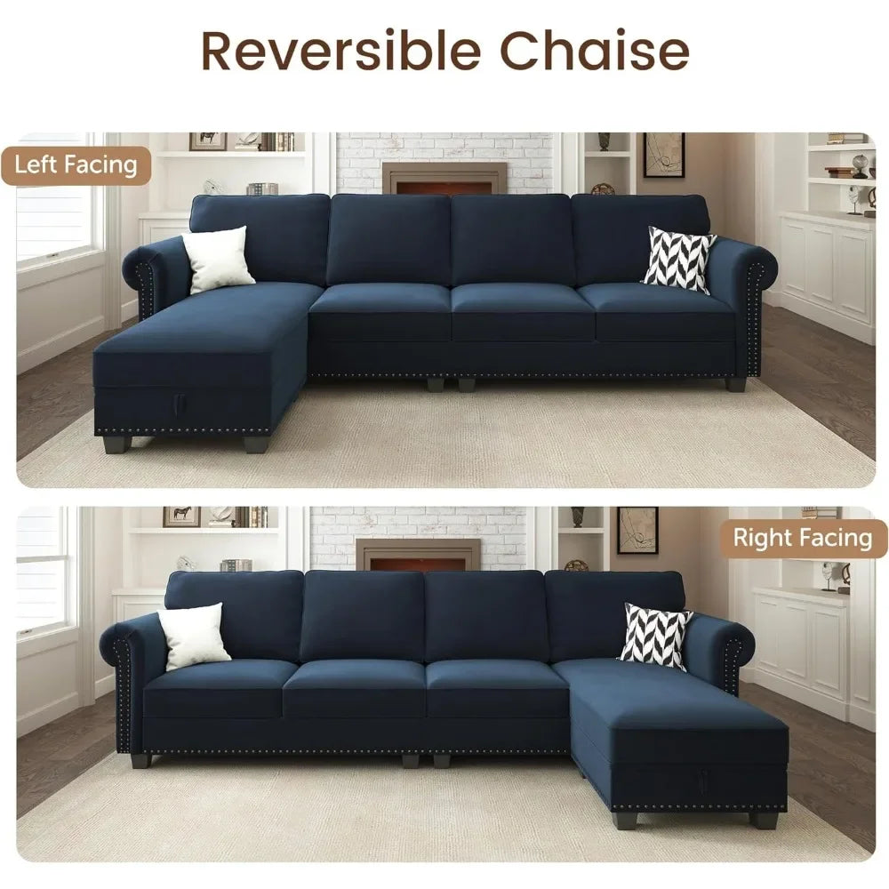 Living Room Sofa, L Shaped Velvet Sectional Couch with Reversible Chaise, Convertible 4 Seat Couch for Small Space, Dark Blue