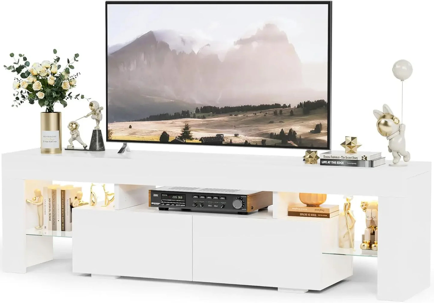 Modern LED TV Stand for Televisions up to 70Inch w Glass Shelves Drawer,Gaming Entertainment Center w Multiple Dynamic RGB Modes