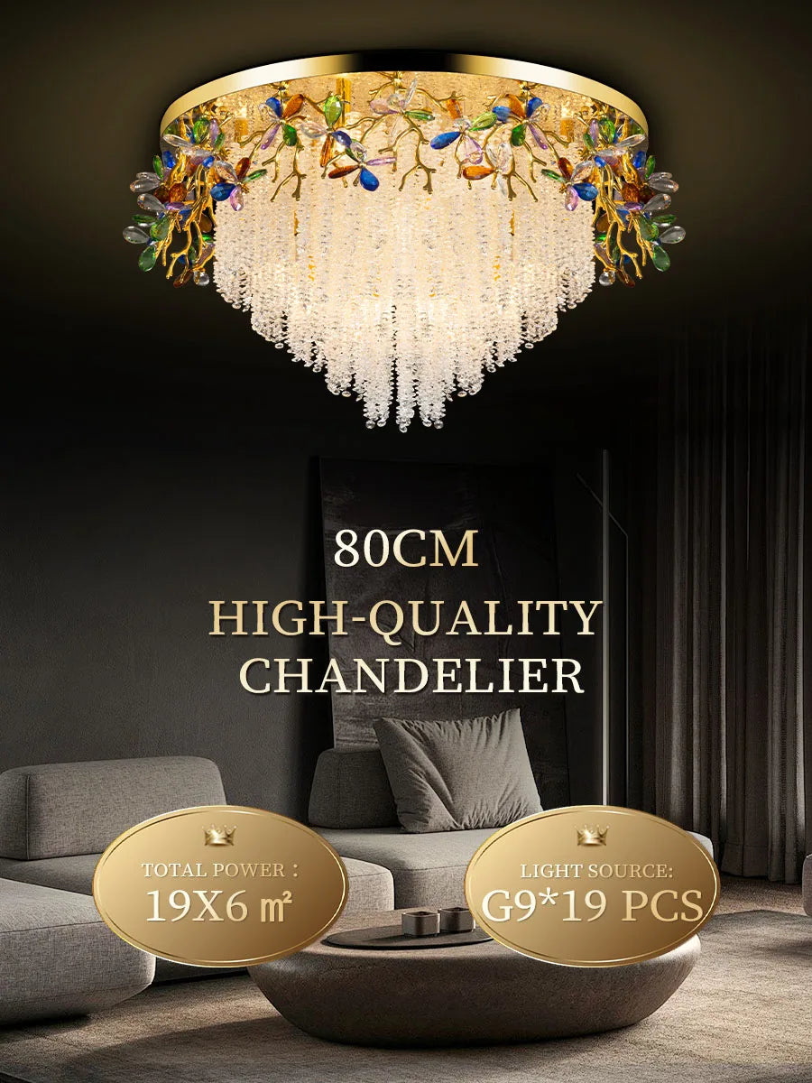 Round Gold K9 Crystal Ceiling Chandelier For Bedroom Living Dining Room Kitchen Table Modern Crystal Branch Pendant Chandelier