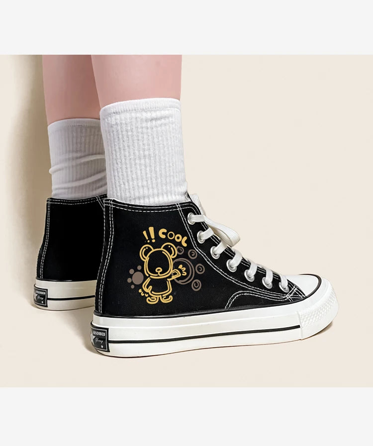 Amy and Michael Cute Anime Bear Graffiti Canvas Shoes High Top Casual Black Sneakers for Girls Students Woman Vulcanize Shoes